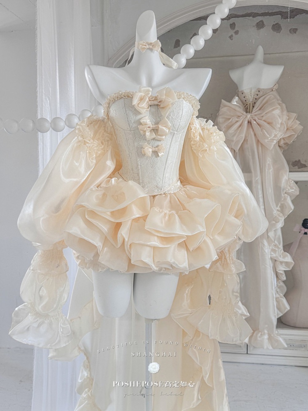 PoshePose Ivory Organza Ruffled Corset Dress with Puff Sleeves